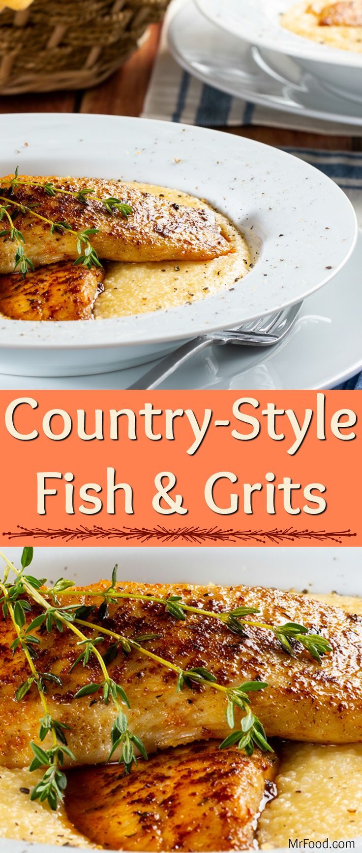 fish and grits are served on white plates with orange text that reads country - style fish & grits