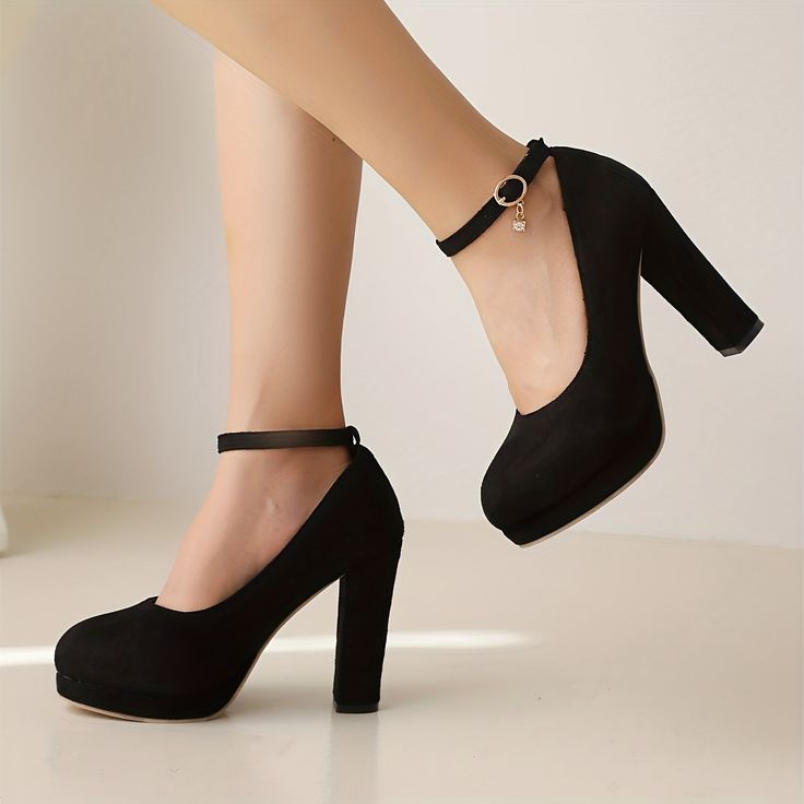 Ankle Strap Chunky Heels, High Heels Black, Dress Heels, Platform Wedge Heels, Chunky High Heels, Platform Heels Chunky, Strap Pumps, Round Toe Heels, Black High Heels