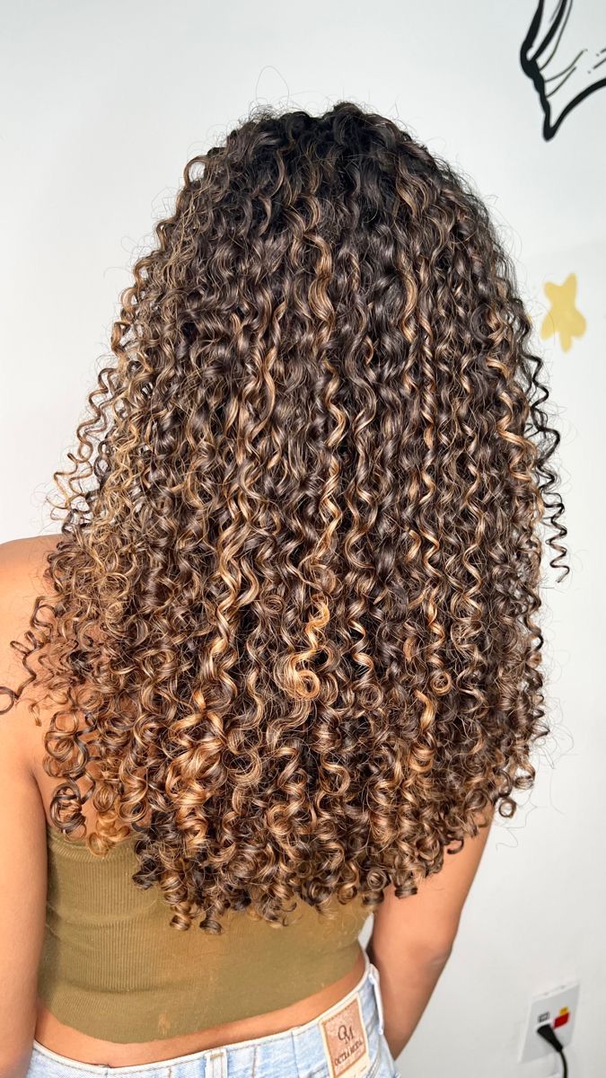 #highlights #curlyhairstyles Cute Highlights For Curly Hair, Copper Blonde Balayage Curly Hair, Brown Curly Hair Boliage, Curly Honey Highlights, Sunkissed Balayage Curly Hair, Streaky Highlights Curly Hair, Medium Length Curly Hair Balayage, Curly Dyed Hair Highlights, Caramel Curly Hair Highlights