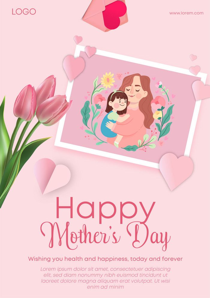 a mother's day card with flowers and hearts