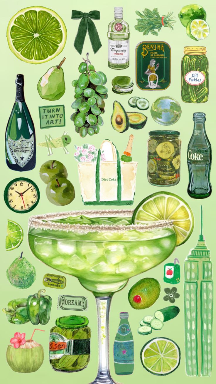 a painting of a green cocktail with limes and other items surrounding it on a light green background