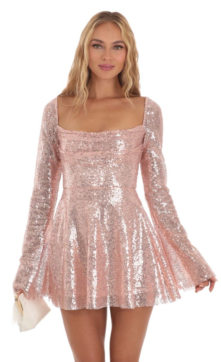 Sequin Flare Dress in Rose Gold Glitz And Glam Outfit, Pink Sparkle Dress, Pink Sparkly Dress, Upf Clothing, Ideal Closet, Dresses Date Night, Tour Outfits, Knee Highs, Corset Style Tops