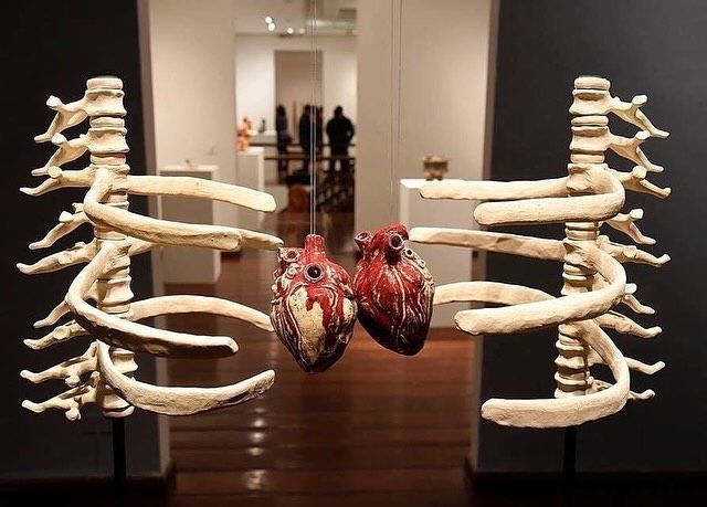 an art piece with two human heart and bones on display in a museum exhibit room