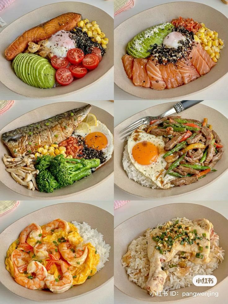 six plates with different types of food on them