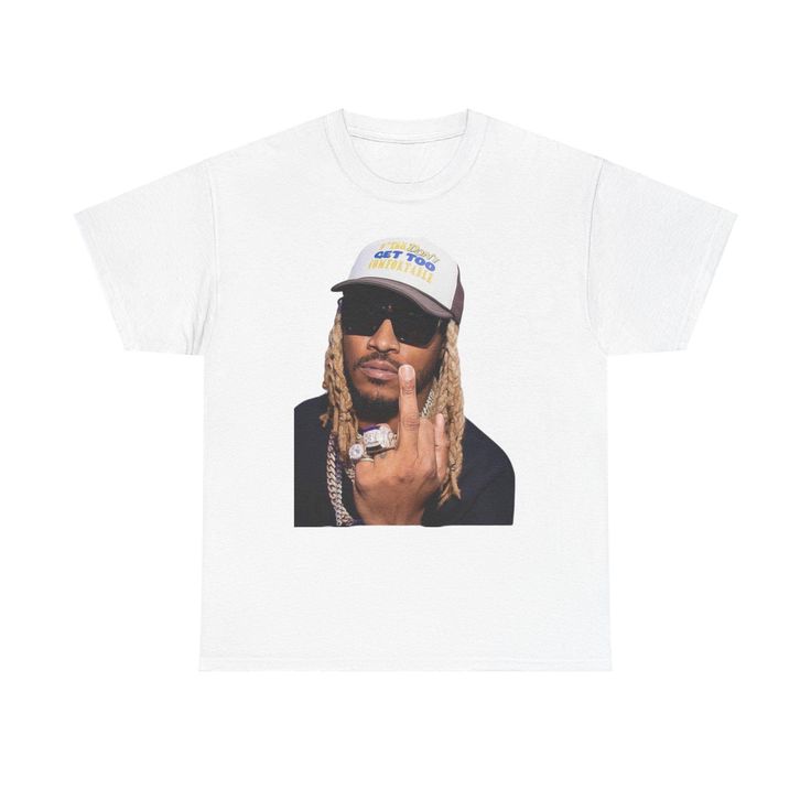 a white t - shirt with an image of a rapper on it