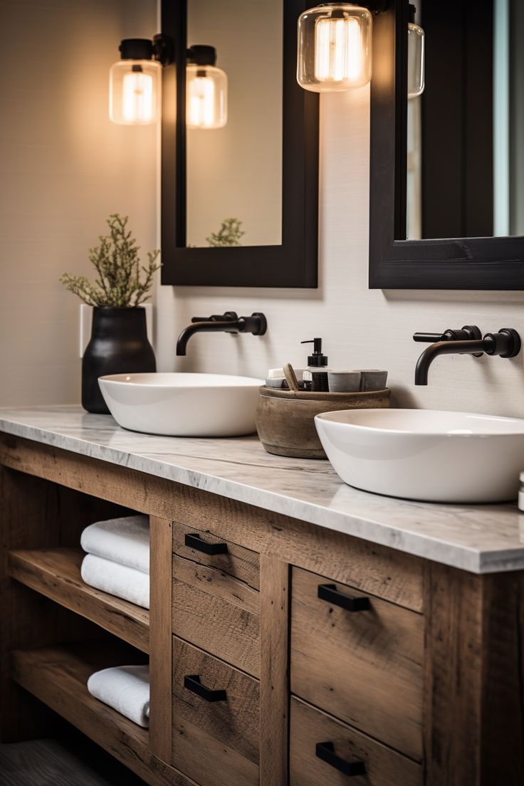 two white bowls on top of a wooden vanity