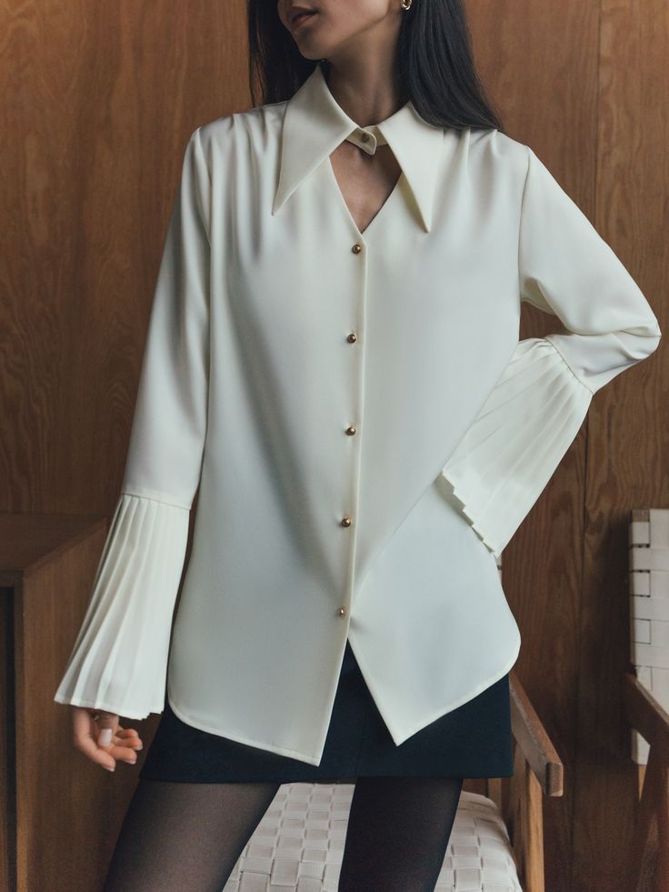 Loose blouse with pleated cuffs :: LICHI - Online fashion store Fall V-neck Blouse With Pleated Sleeves, Chic Long Sleeve Formal Blouse, Elegant Long Sleeve Top For Fall, Chic Blouse With Cuffed Sleeves, Chic Blouse With Cuffed Sleeves For Office, Elegant Long Sleeve Blouse With Pleated Sleeves, Chic Long Sleeve Shirt With Button Cuffs, Pleated Blouse For Office, Elegant Workwear Blouse With Pleated Sleeves