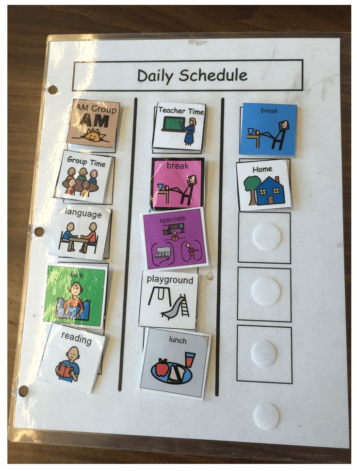 the daily schedule is displayed on a bulletin board with matching pictures and words to help students learn how to use them