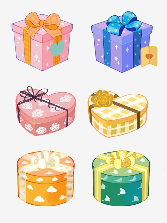 four colorful boxes with bows and ribbons on them, one has a heart shaped box