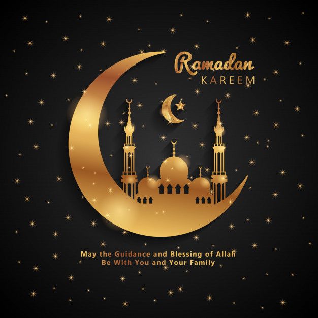 rama kareem greeting card with golden crescent and mosque on black background for eid al adhaj