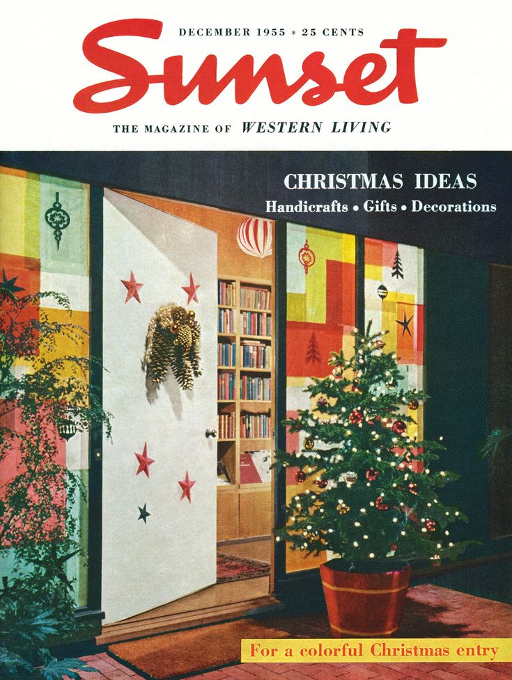 an advertisement for the sunet christmas living magazine, featuring a decorated tree and bookshelves