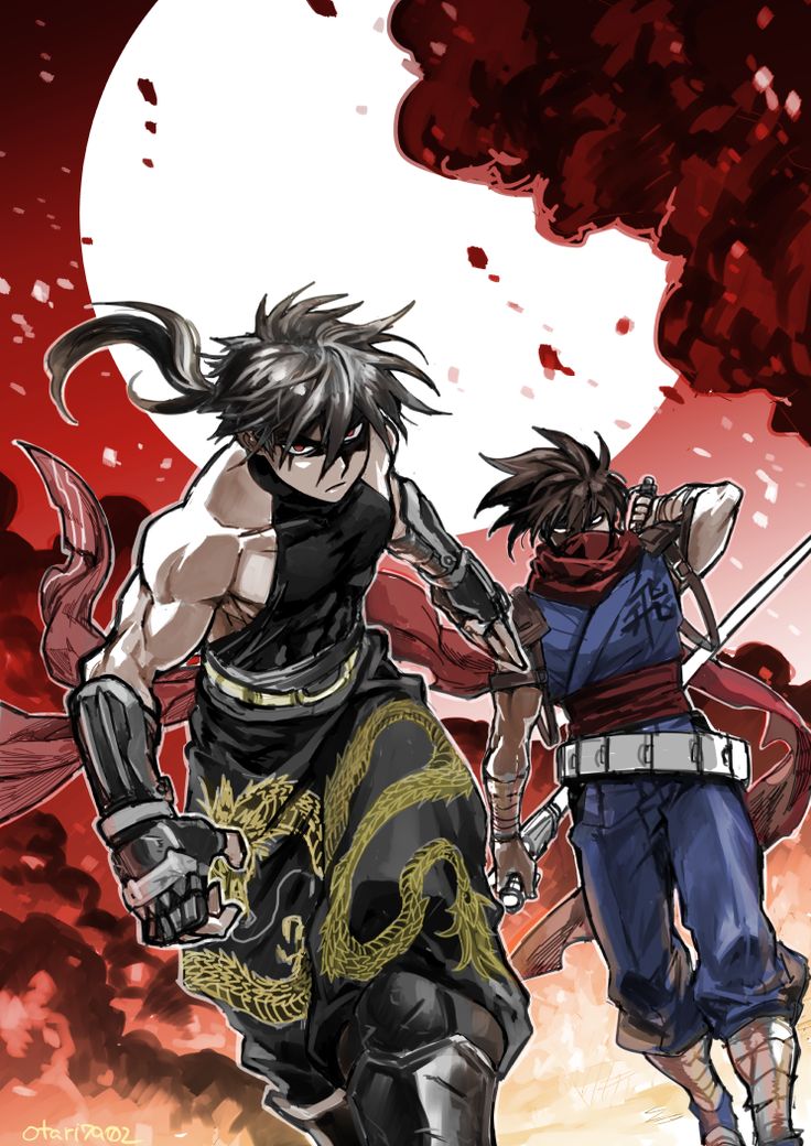 two anime characters with swords in front of a full moon and blood red sky behind them