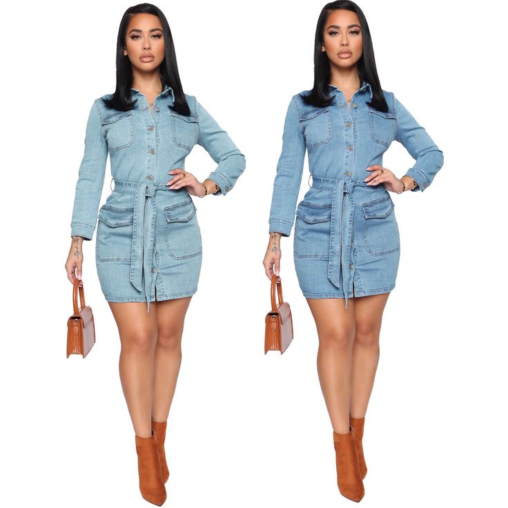 Season: Spring,Summer,Autumn,WinterSize:S,M,L,XL,2XLColor:Blue,Light BlueSleeves:Long Sleeve_Style:_LoosePattern Type:Solid colorDress Length:ShortOccasion: DailyFabric: DenimPackage Contents: 1* Dress, without Accessorie Color Skirt, Slim Dress, Solid Color Dress, Denim Mini Dress, Slim Dresses, Pocket Dress, Polo Collar, Waist Dress, Types Of Skirts