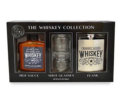 the whiskey collection gift set includes two flasks and one shot glass, each in a