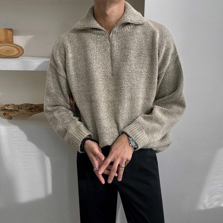 Mens Clothing Styles Aesthetic, Zipper Sweater Outfit, Mens Sweater Outfits, Spiritual Fashion, Zipper Sweater, Oversize Casual, Loose Pullover, Zippered Sweater, Men's Korean Style