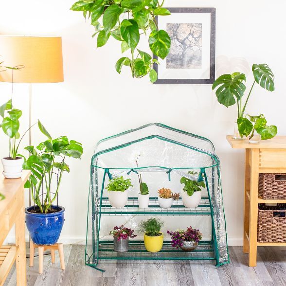 a green house with potted plants in it on a shelf next to a wooden table