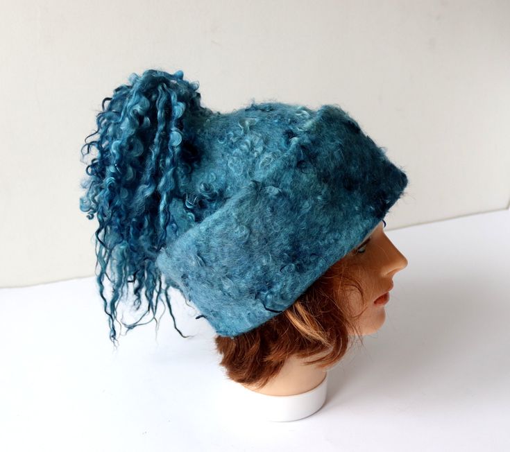 Handmade Wool Felt Hat For Winter, Winter Wool Cloche Felt Hat, Wool Felt Hat For Winter, One Size, Recycled Wool Sweater Hat Felted, Felted Hat With Curl, Wearing A Hat, Hand Felted, Felt Hat, Blue Wool