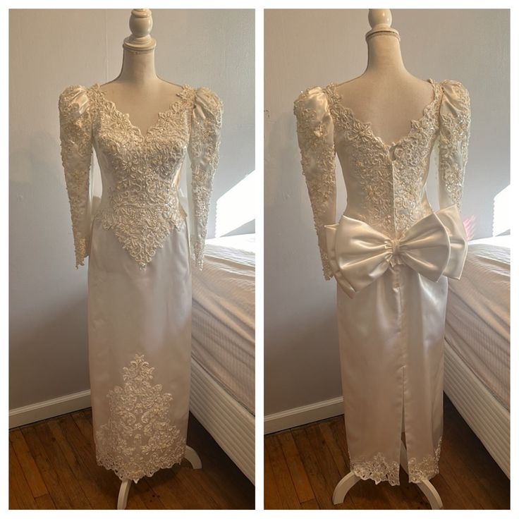 two pictures of the same dress on mannequins, one in white and one in ivory