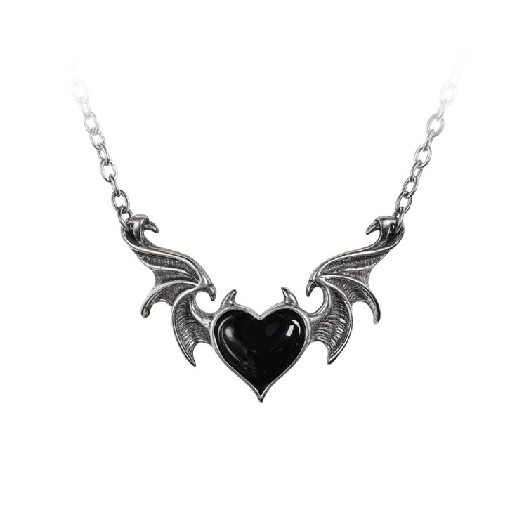 The Black Demon Heart Of A Gothic Seductress, Nocturnally Enticing Her Prey With Ravishing Enchantment. An Enameled Black Heart With Horns, Between The Outstretched Flying Wings Of A Demon. Made From Fine English Pewter Which Doesn't Tarnish Like Silver And Is Free Of Nickle & Lead, Blackened To Add An Antiqued Look. Approximate Dimensions Of The Pendant: H: 35mm (1.38") W: 2.13" D: 0.24" Chain: On A 20" (53cm) Curb Chain Plus A 1 ½" Extender Chain. Materials: Fine English Pewter, Enamel P896 34 Heart With Horns, Demon Heart, Black Demon, Horn Pendant Necklace, Style Gothic, Retro Accessories, Gothic Accessories, Pewter Pendant, Gothic Necklace