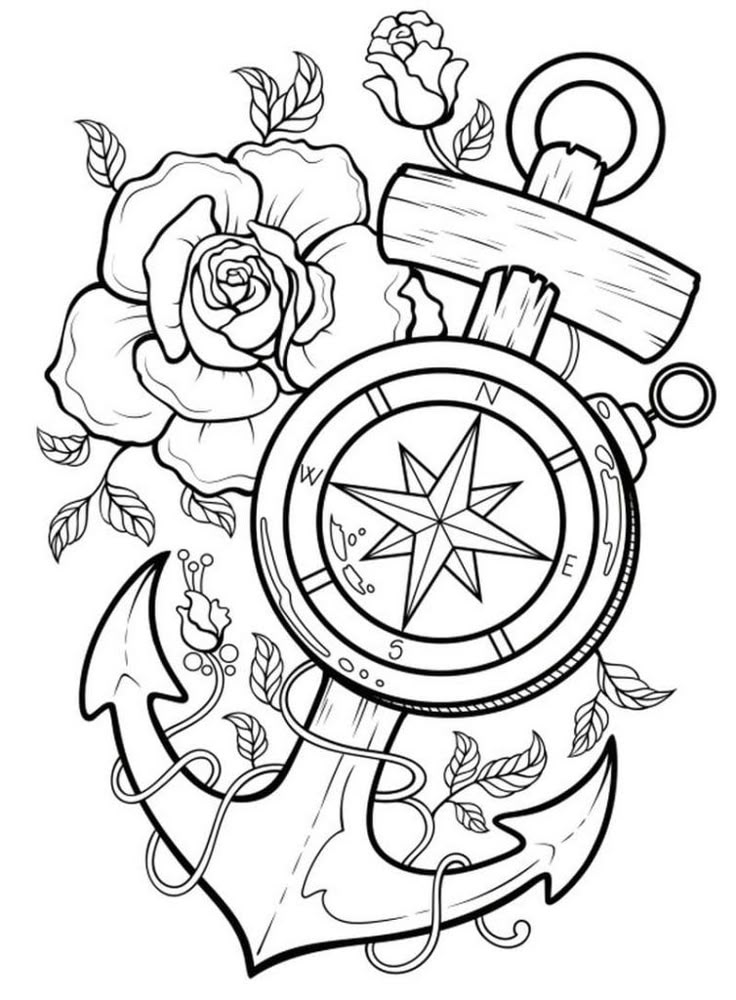 an anchor, compass and roses tattoo design