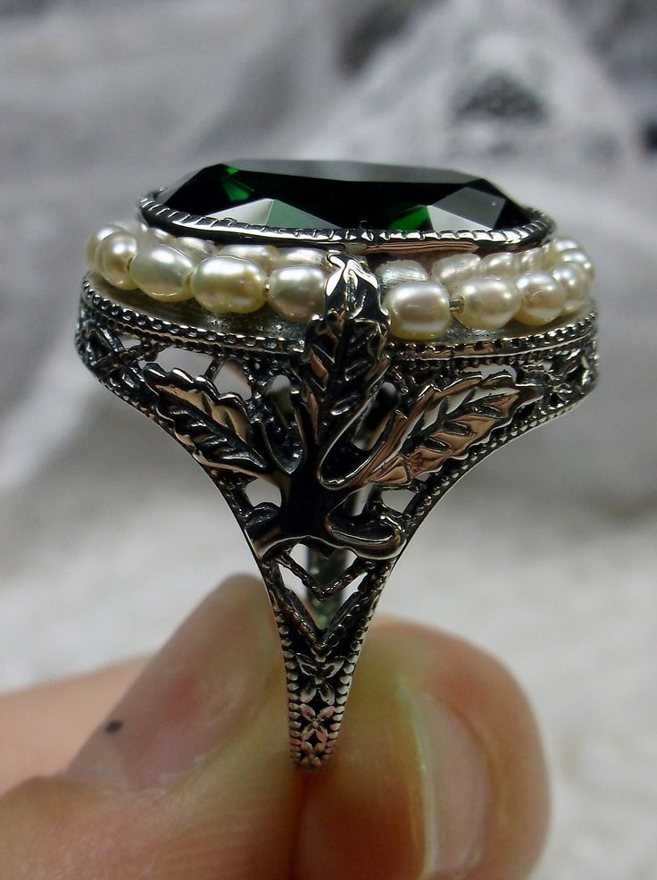 Green Emerald Ring, Sterling Silver Leaf Filigree, Pearl Frame, Vintage Jewelry, Silver Embrace Jewelry Emerald Gem, Silver Leaves, Magical Garden, Pearl Design, Seed Pearl, Victorian Jewelry, Emerald Gemstone, Green Emerald, Silver Filigree