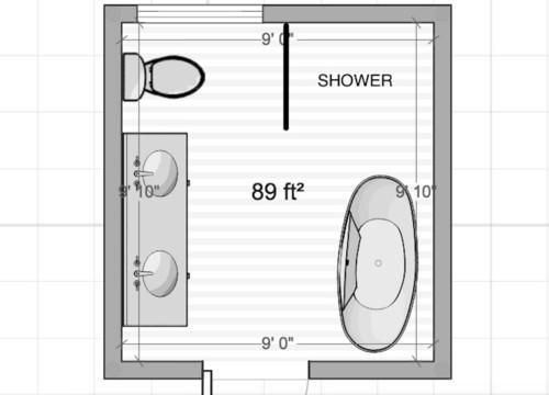 the floor plan for a small bathroom with an overhead shower and toilet, along with two sinks