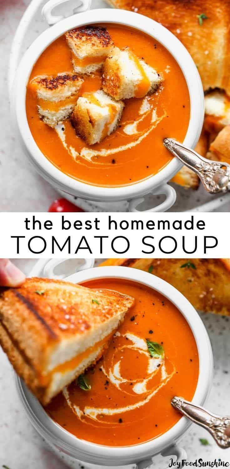 the best homemade tomato soup is in two white bowls with grilled bread on top