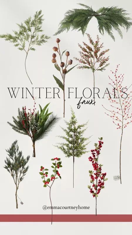 the winter florals are displayed in different colors and sizes, with red berries on them