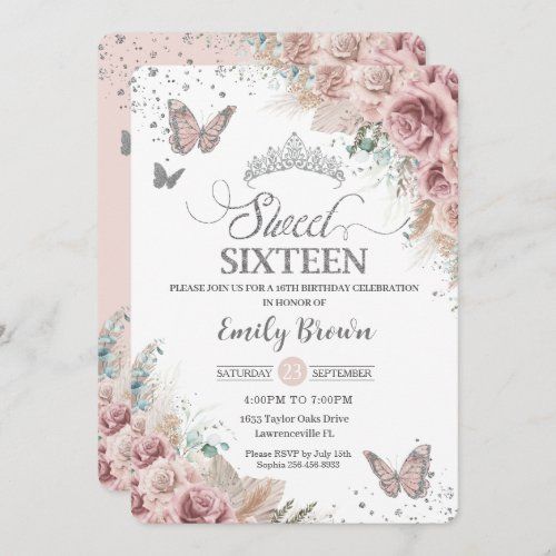 a pink and white floral birthday party card with butterflies on it, sitting on a marble surface