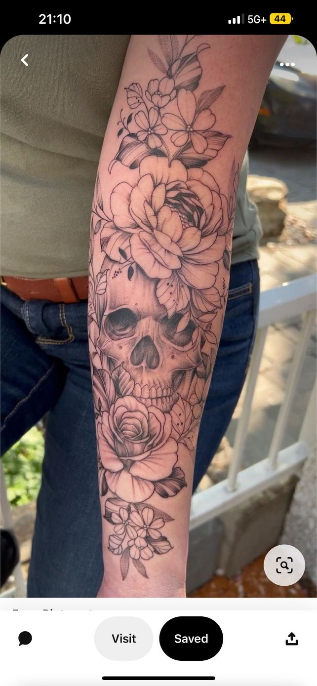 a woman's arm with a skull and flowers on it