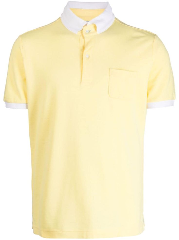 pastel yellow/white cotton contrasting trim polo collar short front button fastening short sleeves straight hem Spring Polo Shirt With Striped Collar, Spring Polo Shirt With Striped Collar And Short Sleeves, Yellow Collared Polo Shirt For Summer, Spring Polo Shirt With Contrast Collar, Summer Polo Shirt With Contrast Collar And Short Sleeves, Classic Polo Shirt With Contrast Collar For Summer, Yellow Short Sleeve Polo Shirt For Spring, Cotton Polo Shirt For Summer, Yellow Summer Polo Shirt