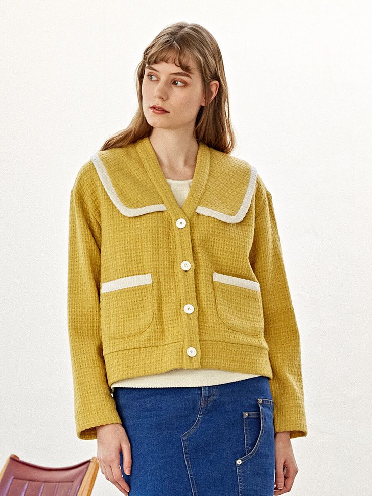 Editor's notesIt is a semi-oversized fit cardigan with a sailor collar. It is a good match with any items such as shirts  basic t-shirts  skirt  or denim. It makes the look stylish and feminine while being comfortable with the oversized fit and keeping warmth on colder weather.- Oversized fit- Sailor collar- Four button closure- Two pockets on the frontMeasurements(in.)XS / S- Shoulder: 19.8 in. / 20.5 in.- Chest: 44.5 in. / 46.5 in.- Length: 23 in. /  23.6 in.- Sleeve Length: 21.5 in. /&nb Collared Sweater With Pockets For Spring, Spring Long Sleeve Cardigan With Striped Collar, Spring Workwear Collared Sweater, Spring Preppy Workwear Sweater, Casual Collared Cotton Cardigan, Casual Oversized Collared Cardigan, Oversized Collared Casual Cardigan, Trendy Collared Cardigan For Work, Oversized Collared Cardigan Casual Style