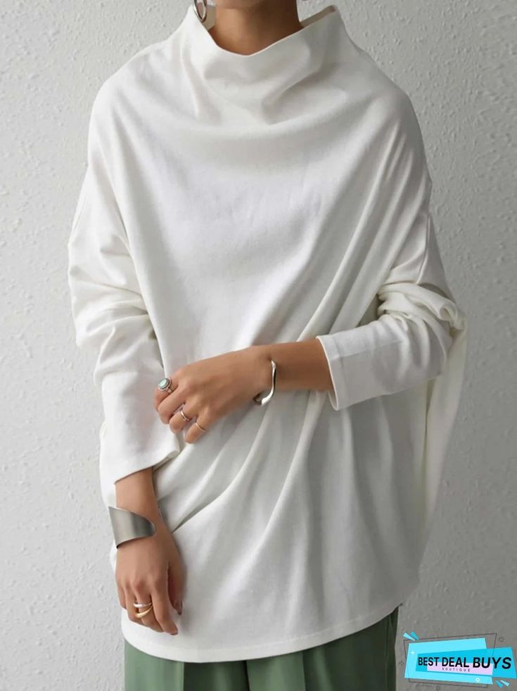 Long Sleeve Cotton-Blend Sweatshirt Plain White Sweater For Winter, Casual White Turtleneck T-shirt, Casual White Turtleneck Top, White Funnel Neck Top For Layering, Winter White Long Sleeve Top For Fall, White Stretch Tops With Funnel Neck, Casual White Solid Color Sweater, Plain White Sweater For Fall, White Plain Sweater For Fall