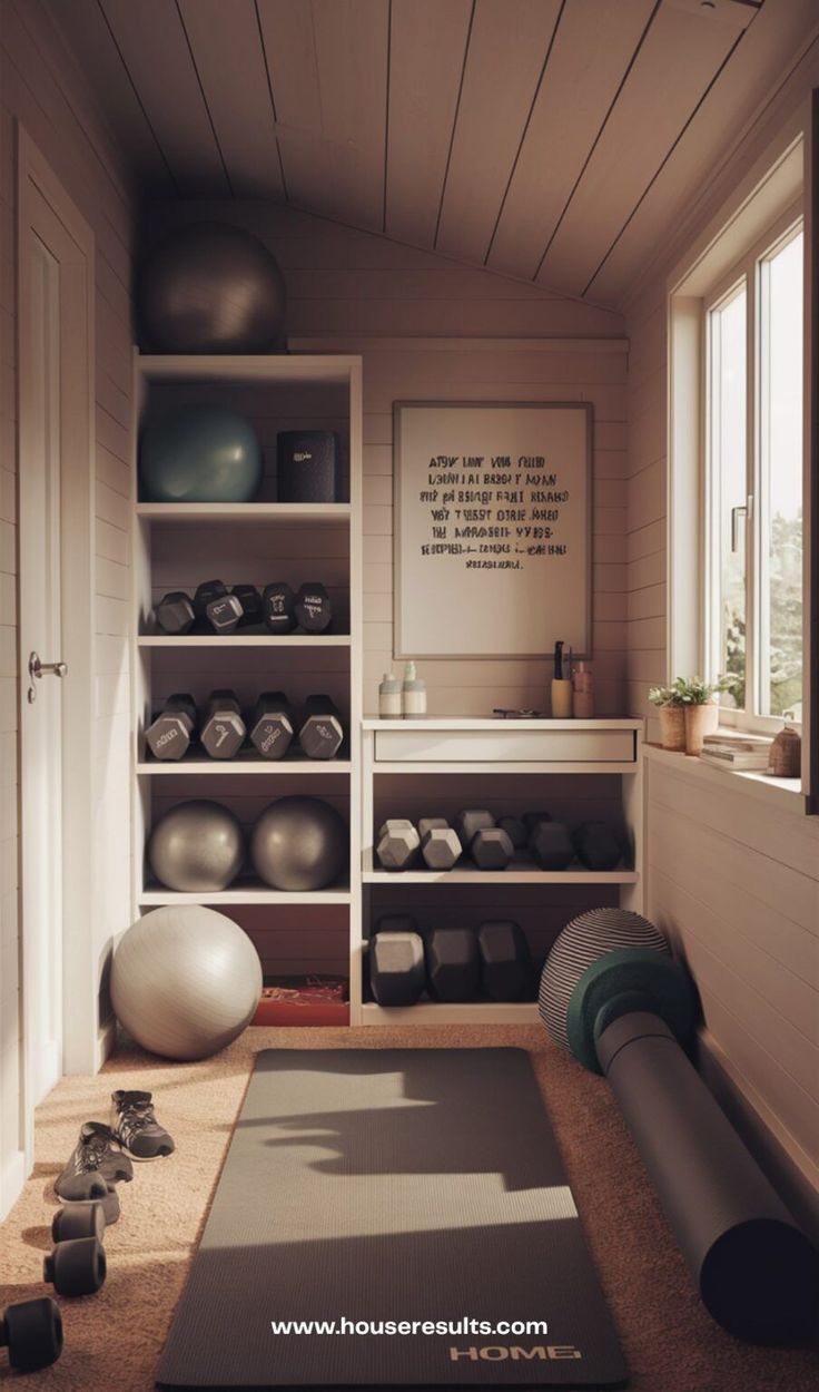 there is a yoga mat in the middle of this room with exercise balls on the floor