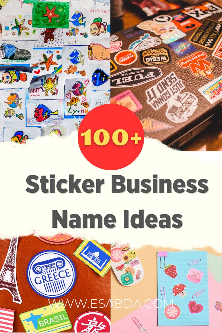 the words sticker business name ideas are in front of many different pictures and logos