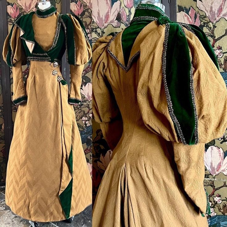 "Offered here is a truly museum-worthy winter gown from right around 1905. It is made of an unusual-textured, deep tan [with just a hint of olive] fine wool in a pattern of diagonal 'stripes' of shaped wavy lines reminiscent of leaves - looks almost like a mismatched chevron. The gown is trimmed with a rich, dark green velvet in exceptional condition - just a few light spots. It has some very unique elements with dressmaker detailing for those studying this era of dress construction. Inside the Victorian Dress With Historical Design For Evening, Vintage Victorian Dress For Fall Evening, Victorian Evening Dress With Historical Design, Vintage Gown With Fitted Bodice For Fancy Dress, Fitted Long Sleeve Gown For Ceremonial Occasions, Vintage Victorian Long Sleeve Dress For Fancy Dress, Vintage Long Sleeve Victorian Dress For Fancy Events, Victorian Gown With Historical Design For Fancy Dress, Vintage Long Sleeve Formal Gown