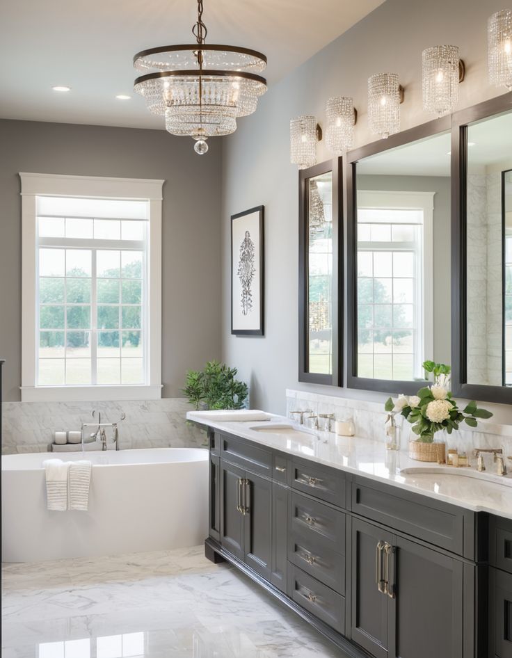 a large bathroom with double sinks and two mirrors on the wall, along with an oval chandelier