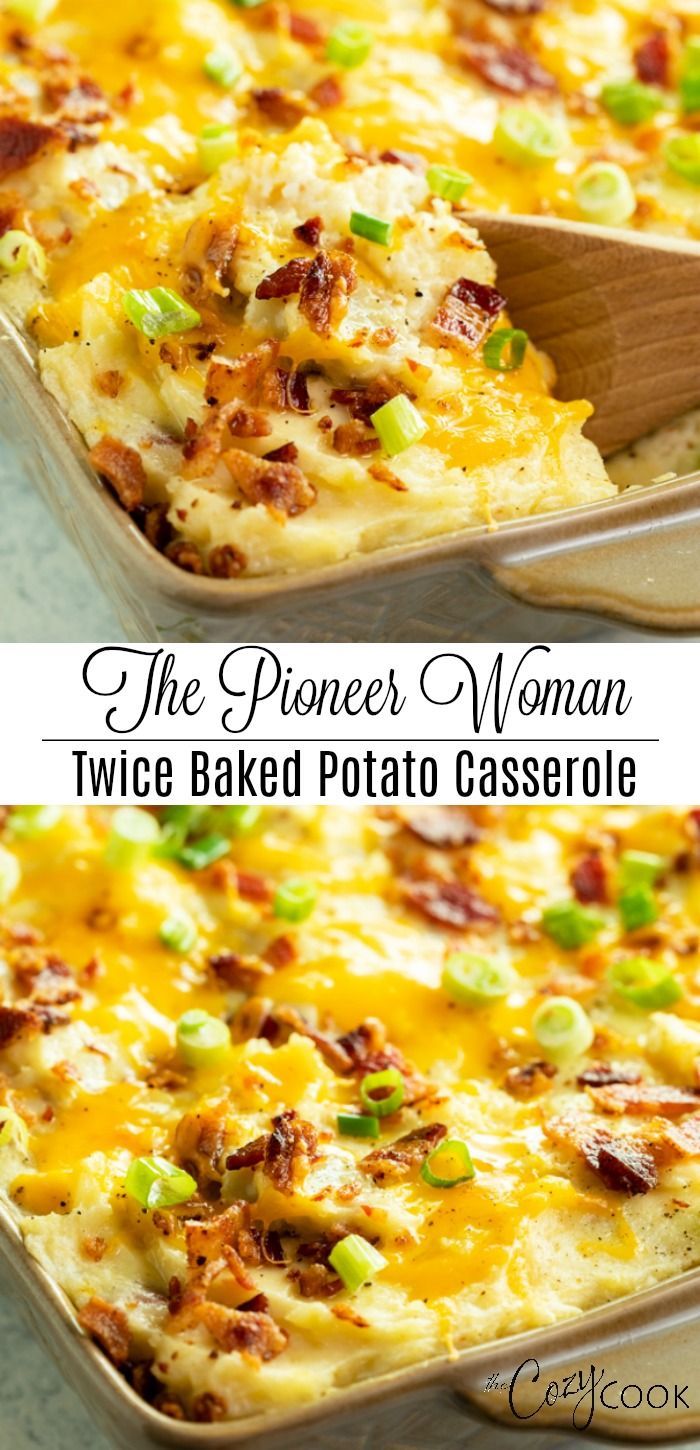 the baked potato casserole is topped with bacon and green onions