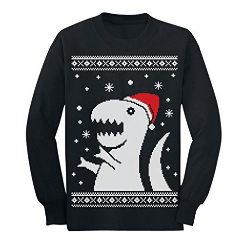 a black sweater with an ugly dinosaur wearing a santa hat