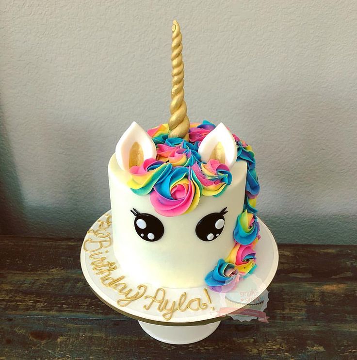 a birthday cake decorated with an unicorn's face and rainbow manes on top