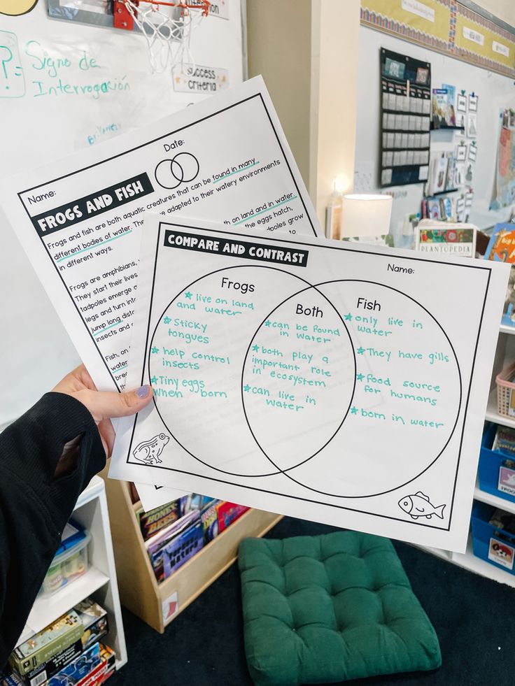 a person holding up a venn diagram in front of a bookcase filled with books