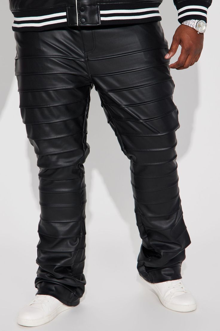 Model Height: 6'4 - Waist Size: 34 - Wearing Large Big & Tall: Height 6'5 - Waist Size: 42 - Wearing XXXL Available In Black. Slim Stacked Flared Fit 5 Pocket Body Zip Fly Button Closure Pleated Detail 100% Polyester Coated With PU Imported | Mens Extra Levels Faux Leather Slim Stacked Flared Pants in Black size 42 by Fashion Nova