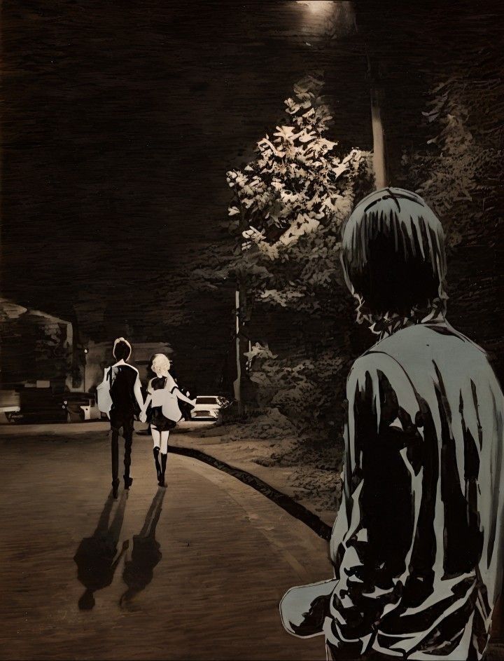 two people are walking down the street at night with their shadows on the ground and one person is holding a skateboard