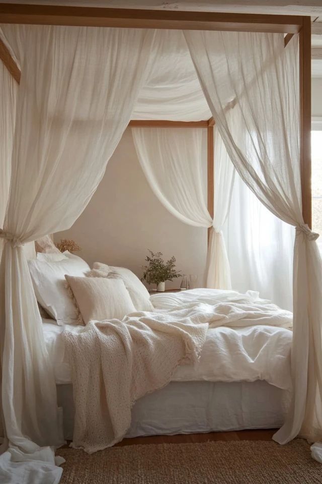 a bed with white sheets and curtains in a room