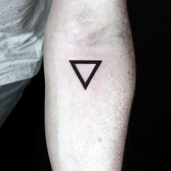 a black triangle tattoo on the left arm