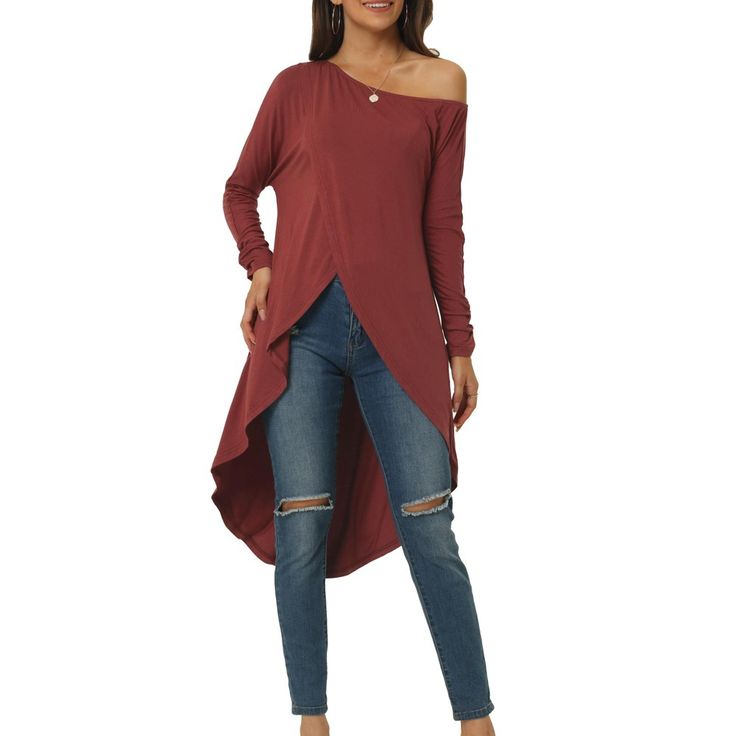 Introducing the perfect addition to your wardrobe - the long-sleeved asymmetrical irregular hem top for spring and fall. This versatile top matches perfectly with any pants, high-waist jeans, leggings, and shoes like sandals or heels. It's the ideal choice for both day and evening occasions, adding a touch of elegance and style to any outfit. The off-shoulder and asymmetrical hem details add a bit of charm, making it a must-have for any fashion-forward individual. Don't miss out on this fashion Casual Asymmetrical Top For Fall, Trendy Asymmetrical Stretch Blouse, Spring Stretch Blouse With Asymmetrical Hem, Casual High-low Hem Blouse For Fall, Chic Shirttail Hem Top For Fall, Spring Blouse With Asymmetrical Hem And Stretch, Trendy Tops With Curved Hem For Spring, Spring Casual High-low Hem Tops, Trendy Tops With Shirttail Hem For Fall