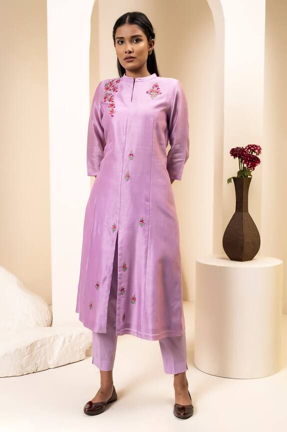 Lavender chanderi front open straight kurta with floral embroidery. Paired with coordinating straight pant. - Aza Fashions Purple Straight Kurta Set For Spring, Eid Front Open Sets With Floral Embroidery, Eid Sets With Floral Embroidery And Front Open Design, Purple Chanderi Sets With Floral Embroidery, Traditional Lavender Chikankari Embroidery Sets, Festive Lavender Chikankari Embroidery Set, Festive Lavender Long Sleeve Set, Purple Straight Kurta Set In Raw Silk, Unstitched Traditional Lavender Kurta