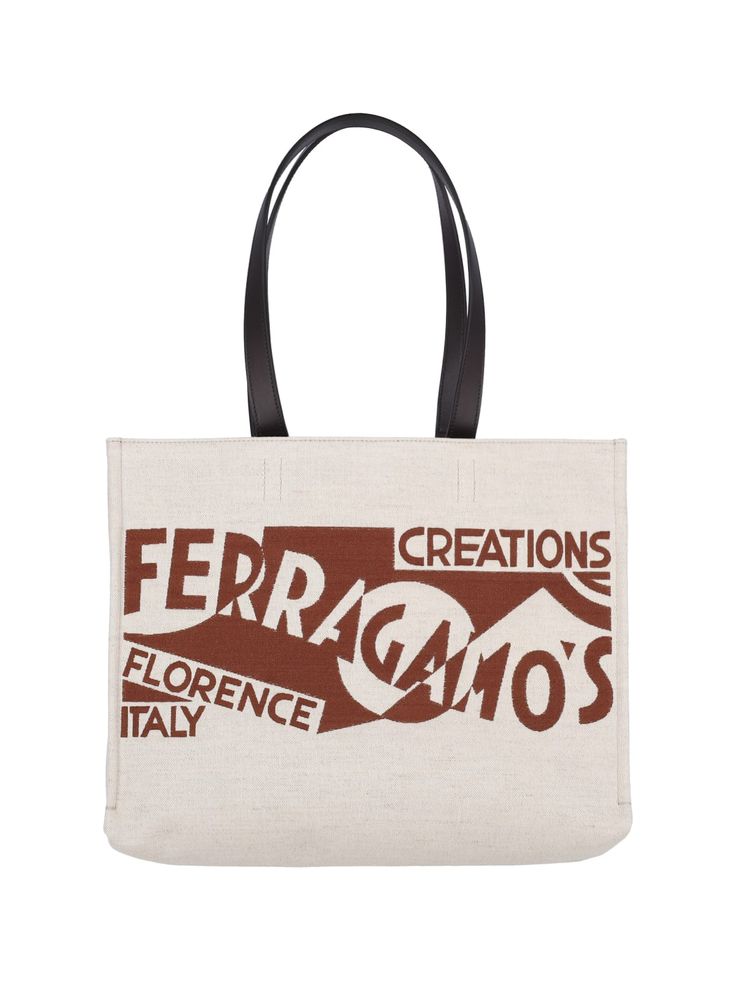 Ferragamo logo tote bag in beige canvas with brown details, two adjustable top handles in black leather, front logo print, interior zip pocket, interior flat pocket, and main interior compartment. Composition: 56% Linen, 44% Cotton Designer Canvas Tote Bag For Shopping, Designer Canvas Shopping Bag With Handles, Designer Brown Canvas Bag With Top Handle, Brown Canvas Shoulder Bag With Dust Bag, Brown Canvas Shoulder Bag With Dust Bag Included, Brown Coated Canvas Tote Bag, Designer Brown Bag With Canvas Lining, Brown Bag With Double Handle And Canvas Lining, Brown Top Handle Canvas Bag With Canvas Lining