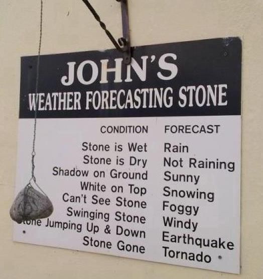 a sign on the side of a building that says john's weather forecast stone