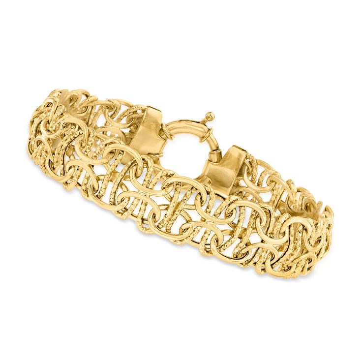 Ross-Simons - 10kt Yellow Gold Interlocking-Link Bracelet. 8". Canaria fine jewelry. Perfect for everyday wear, these genuine 10kt gold wardrobe essentials are fashionable, fun and designed to last a lifetime. Strong and durable, our collection of gold classics is always a great value. This handcrafted 10kt yellow gold interlocking-link bracelet has an elegant woven look that will elevate any outfit. Textured and polished finishes. Springring clasp, 10kt yellow gold interlocking-link bracelet. Gold Wardrobe, Fine Jewelery, Yellow Gold Engagement Rings, Affordable Luxury, Link Bracelets, Wardrobe Essentials, Latest Fashion Trends, Jewelry Bracelets, Everyday Wear